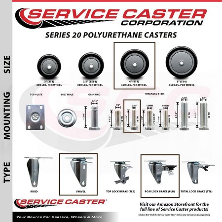 Service Caster 4 Inch Black Polyurethane 38 Inch Threaded Stem Caster Set 2 Brakes SCC SCC-TS20S414-PPUB-BLK-381615-2-PLB-2